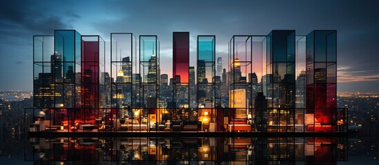 Modern office building with reflection in the street at night, Moscow, Russia