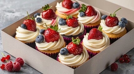 Indulge in a delightful gift box filled with fruit themed cupcakes featuring a delicious blend of strawberry and blueberry flavors This festive packaging is perfect for celebrating Mother s