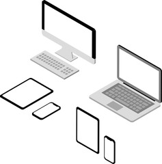 アイソメトリック　パソコン　スマホ　タブレット　電子機器　飾り　あしらい　イラスト素材セット