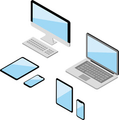 アイソメトリック　パソコン　スマホ　タブレット　電子機器　飾り　あしらい　イラスト素材セット