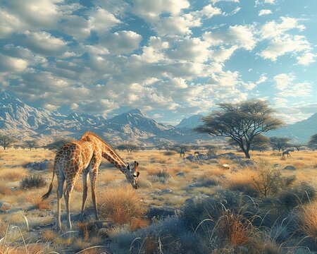 Random wild animals grazing in the savannah, photorealistic image with natural lighting ,3DCG,high resulution