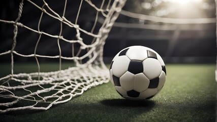 A monochrome white soccer ball is trapped in the net, frozen in a moment of tension and anticipation. The intricate pattern of the netting is visible as it envelops the ball, highlighting the contrast - obrazy, fototapety, plakaty
