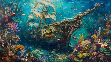 Abandoned Wooden Sailing Ship Transformed into a Thriving Marine Habitat in a Stunning Oil Painting