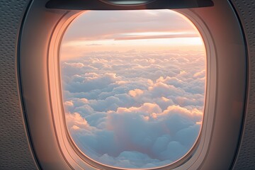 Naklejka premium Morning Tranquility: High Nature View with Vibrant Sky Colors and White Clouds through Plane Window