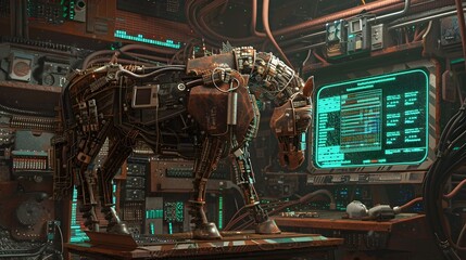 Fototapeta premium Cyber Threat Within Rusted Mechanical Trojan Horse Compromises Network Security in Retrofuturistic PC Landscape