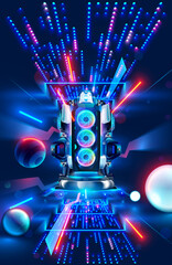 Electronic music party poster template in neon colors. Music speaker with neon backlight in the dark. Sound system on background of digital electronic lights. Electronic music background banner.