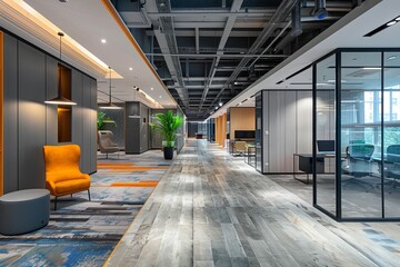 Corporate Elegance: High-Key Lighting Modern Office Design with Abstract Professional Aesthetics