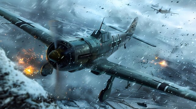 BF Fighter Plane Engaging in Dramatic Winter Warfare Aerial Combat Over Stalingrad