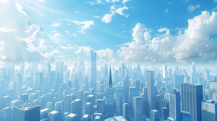 The image shows a cityscape with many tall buildings and a blue sky with white clouds in the background.

