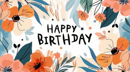 simple happy birthday doodle style, floral, nature, erracotta, blue, orange, blush, pink, ivory, beige plant background, 16:9