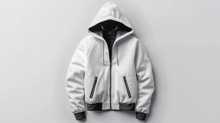white ortalion jacket with hoodie, mockup, white background, 16:9