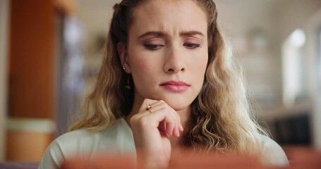 Tablet, search and thinking by woman on sofa with subscription choice at home. Why, remember or confused person in living room with decision for digital, sign up or memory for app, login or password