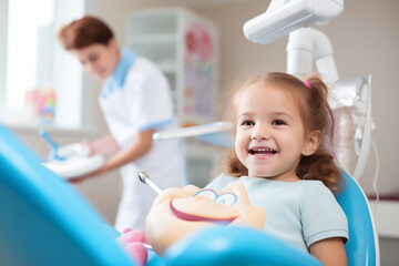 Pediatric Dentistry: Cheerful image of a child receiving dental care from a pediatric dentist, with colorful dental tools and toys in the background. - Powered by Adobe