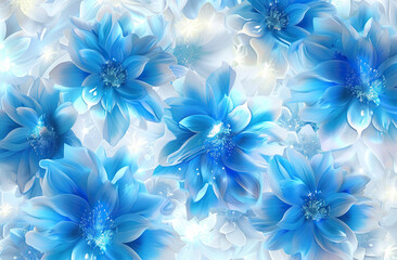 neon glowing bright vivid blue flowers, dense tile pattern, white background