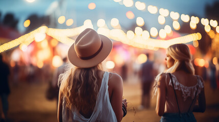Women in country clothes on music festival. Blurred background with bulb lights, photo shot