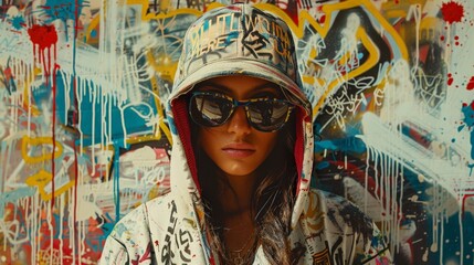 Youthful streetwear, recycled polyester, graffiti walls, high-energy, urban fashion