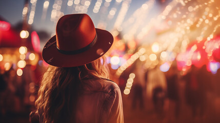 Women in country clothes on music festival. Blurred background with bulb lights, photo shot
