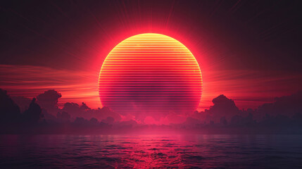 Abstract background with huge red striped sun on horizon