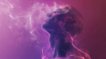 muscular figure of a man enveloped in smoke floating in the air, fantasy magic vibes, cute 3d rendering, solid color background