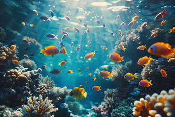 Underwater view of the coral reef. Life in the ocean. School of fish