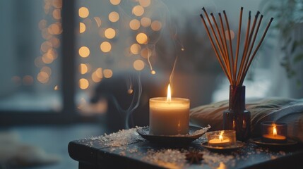 Intimate winter scene featuring a candle incense sticks and soft lights