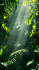 Exotic tropical greenery with palm and banana leaves on a Bali style template background, perfect for vacation and travel-related designs.