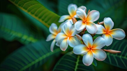 This is a close up image of three white and yellow plumeria flowers with green leaves in the background.

