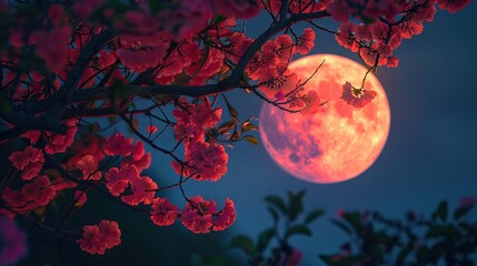 A cherry blossom tree is in full bloom with a large moon in the background.

