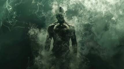 muscular figure of a man enveloped in smoke floating in the air, fantasy magic vibes, cute 3d rendering, solid color background