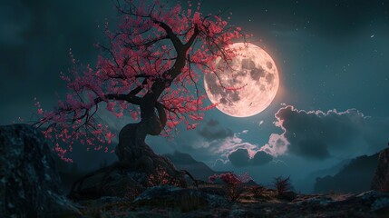 A cherry blossom tree is in full bloom with a large moon in the background.

