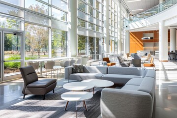 Sleek Modern Office Furniture: Balancing Style and Function in High-Ceiling Workspaces with Defocused Windows.