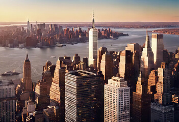 'York skyline New sunset office skyscrapers River aerial Manhattan Hudson view building City New...