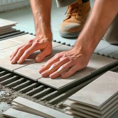 Man laying ceramic tile on floor, closeup. Floor tile installation - obrazy, fototapety, plakaty