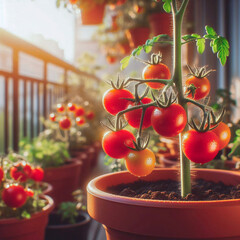 Tomatoes growing in a pot on the balcony. Selective focus. - obrazy, fototapety, plakaty