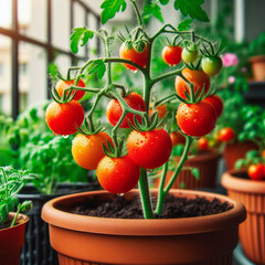 Ripe tomatoes in pots on the windowsill. Selective focus. - obrazy, fototapety, plakaty