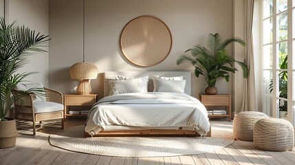 Stylish Minimalist bedroom with natural light, plants, and wooden furniture.