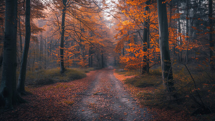 Fototapeta premium Autumnal Forest Path in Misty Morning
