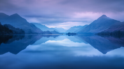 Naklejka premium Serene Lake Reflections at Blue Twilight