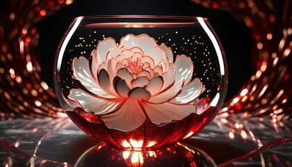 Peony made of glass Red and white marble petal pattern Floating in a fishbowl Masterpiece Best quality red glitter Light reflection