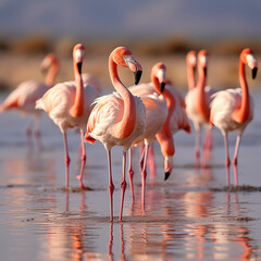 flamingo in the water, Flock of flamingos walking through shallow water stock photo