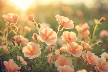 Peach-Colored Blooms: Vintage Sun Nature Background with Beautiful Flowers in Spring