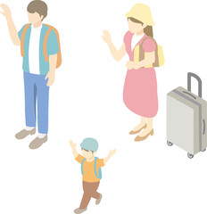 アイソメトリック　トラベル　レジャー　家族　ファミリー　人物　男性　女性　キッズ　イラスト