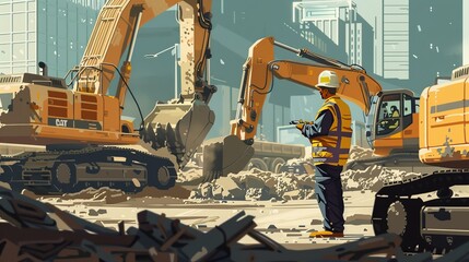 A construction worker directs heavy machinery, managing logistics on a busy site
