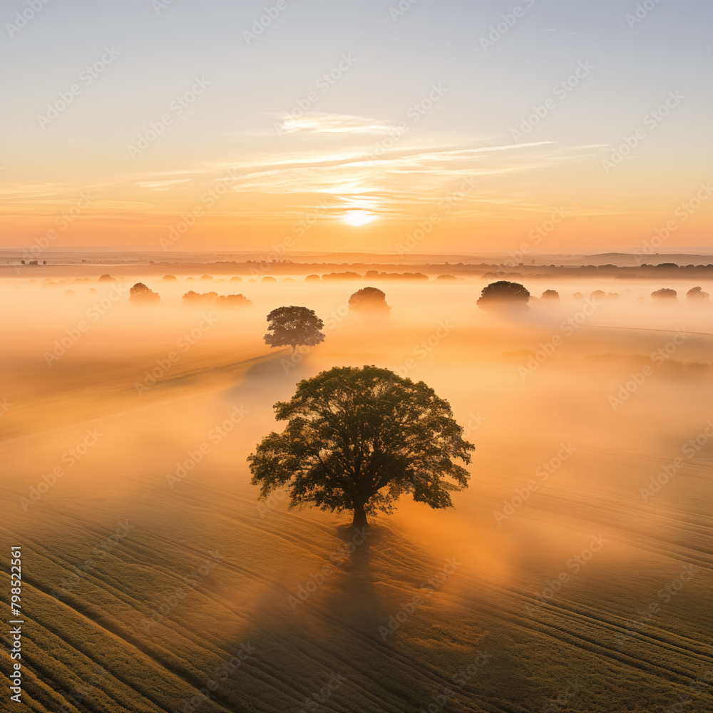 Poster sunset over the tree, AERIAL Drone Shot of Morning Mist over Tranquil Farmland with Single Big Tree under Orange Sky at Sunrise stock photo