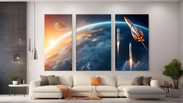 Aerial view, science fiction, Ad Astra, wall art design for home decor, sci-fi rockets launching, spaceships taking off, sunset over the sea, sunrise over the ocean,