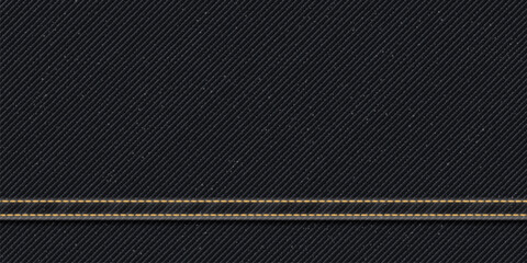 Denim jean black color textile pattern background with gold seams and crease vector illustration.