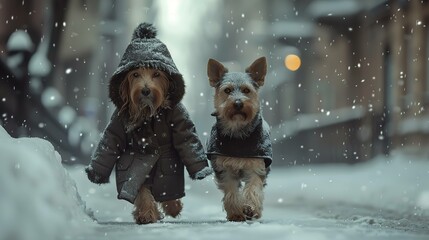 Winter day a loving couple of cute dogs UHD wallpaper