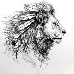 Black and White Lion with Feather Illustration

