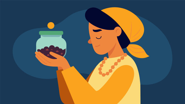 A person holding a jar of worry beads looking at it with a sense of peace and contentment on their face.. Vector illustration