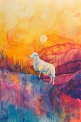 Serene scene of a sheep in mountainous terrain, vibrant watercolor in bright pastel hues, hand drawn